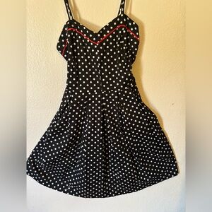 Cute Pinup Rockabilly Black and White Polka Dot A Line Dress with Red Trim